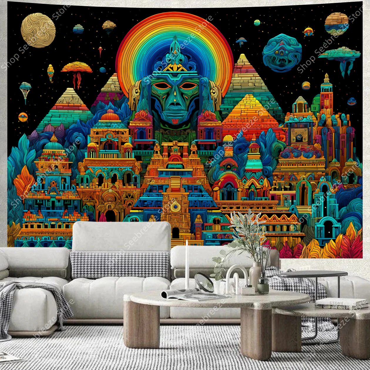 Psychedelic UV Tapestry Ancient Pyramid Mystical Landscape Wall Hanging for Bohemian Home Office Decor Rainbow Celestial Art