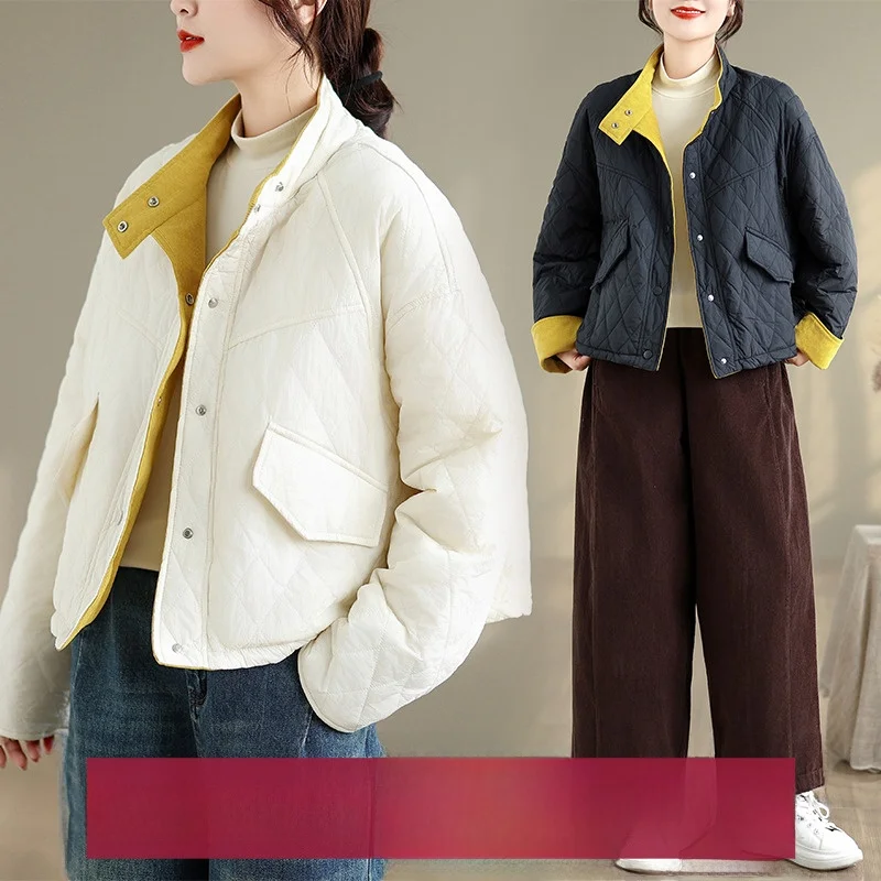 

Korean Sle Yellow Stand Collar Thiened Cotton Jaet ort Casual Loose Fit Women's Winter Coat Single Button Closure