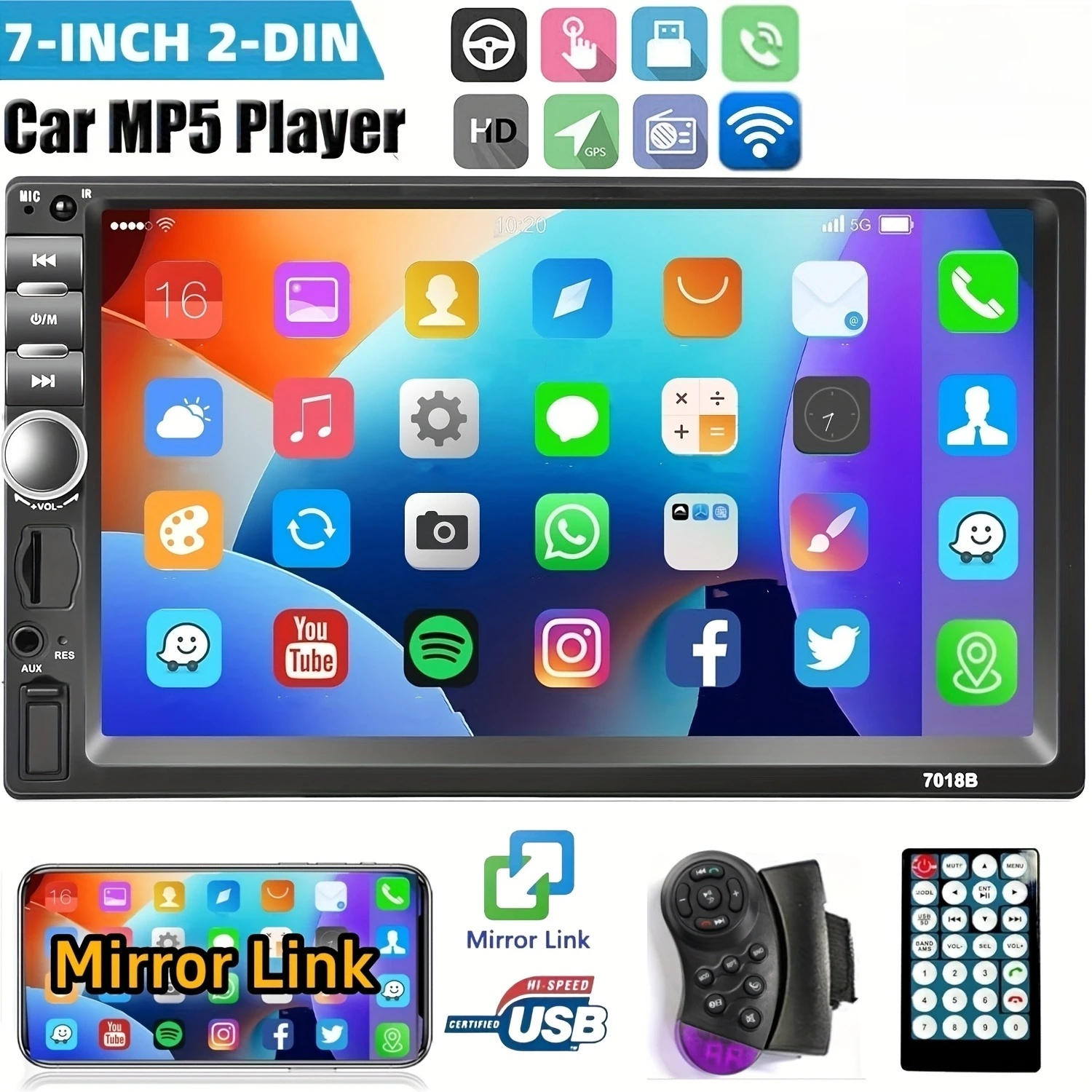 7-Inch 2-Din Car Stereo with HD Touch Screen, Wireless BT, Mirror Link, USB & AUX Input, Steering Wheel Control