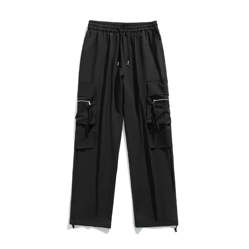 Men's Spring Autumn Solid High Waisted Drawstring Pockets with Elastic Zipper for Casual Loose Wide Leg Trousers Vintage Pants