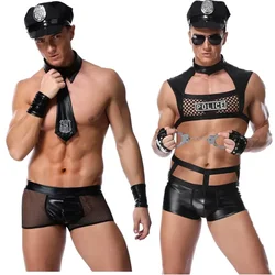 Men Sexy Police Costume Black Latex Mesh Sexy Lingerie Hot Erotic Cop Uniform Cosplay Policemen Dress Up Outfit