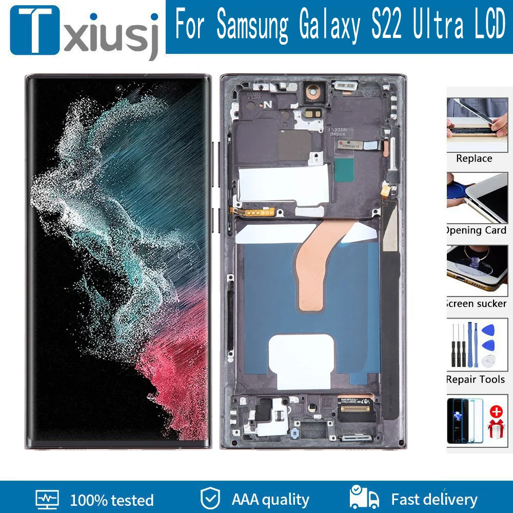 Super OLED For Samsung Galaxy S22 Ultra LCD Display S908 S908U S908B Touch Screen Digitizer Assembly  S22 Ultra LCD With Frame