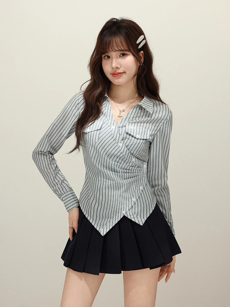 

Nuxin Original Striped V-Ne ort Sve Long irt Slim Fit Waist Cinched Spring Autumn New Sle Women's Sweet Sle irt