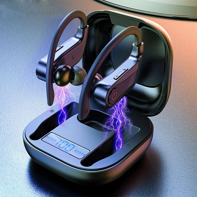 Sport cuffie Wireless Bluetooth con microfono IPX5 ganci auricolari impermeabili Display a LED auricolare Bluetooth cuffie Stereo HiFi per musica