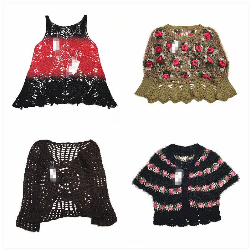 

Hanrted Vintage Knitted Hollow out Double Layer Pure Color Luxury Floral Mixed Fiber Sweater Straight Tube Long Sve ro...