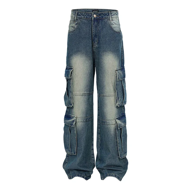 

Hi Street Cargo Casual Jeans Pants Harakuju Blue Baggy Streetwear Denim Trousers For Male Patchwork