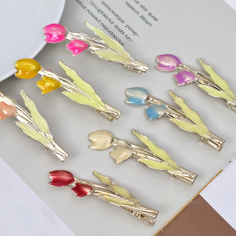 Fashion Korean Colorful Dripping Flower Hairpin Tulip Metal Duck Bill Bangs Girls Women Headwear Hair Styling Tools Accessories