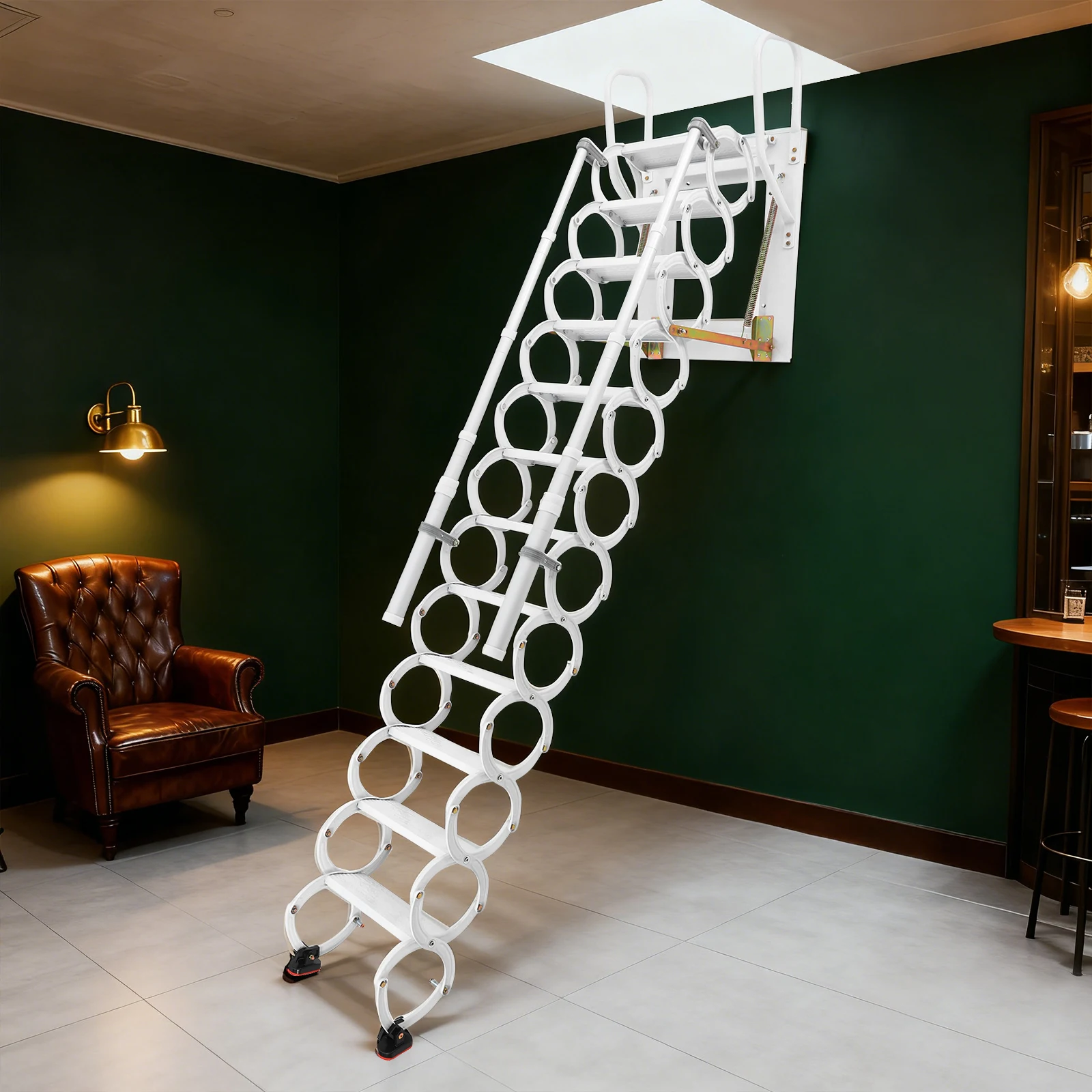 Escalera Plegable de Pared, Escalera Montada en la Pared con Pasamanos, Escalera de 12 Peldaños