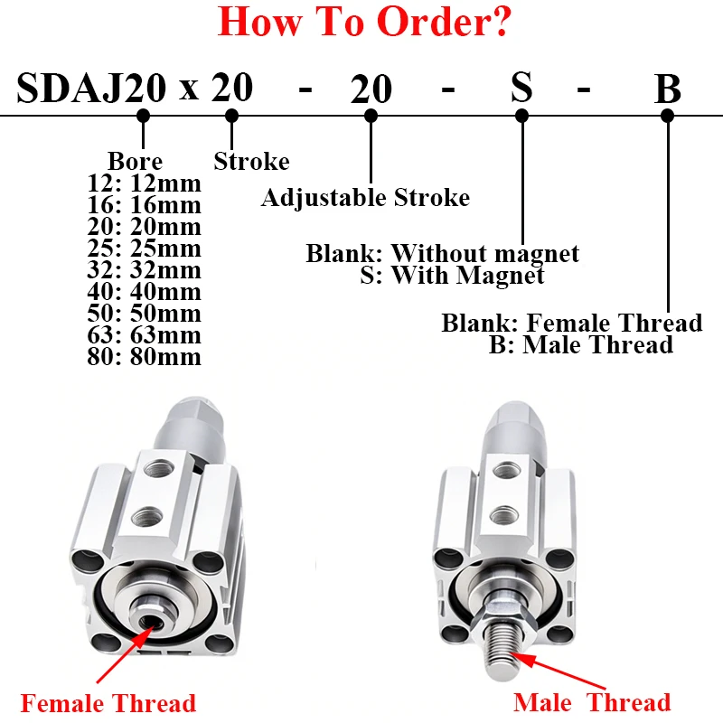 SDAJ-B 12 16 20 25 32 40 50 63 80mm Male Thread Piston Rod Double Acting Adjustable Stroke Compact Thin Pneumatic Air Cylinder