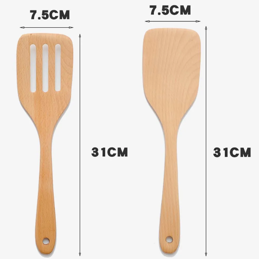 

2 pcs Wooden Spatula Set Natural Beechwood Flat Shovel Non-Scratch Turner For Cooking 3 Holes Design 31X7.5Cm Kitchen Utensil