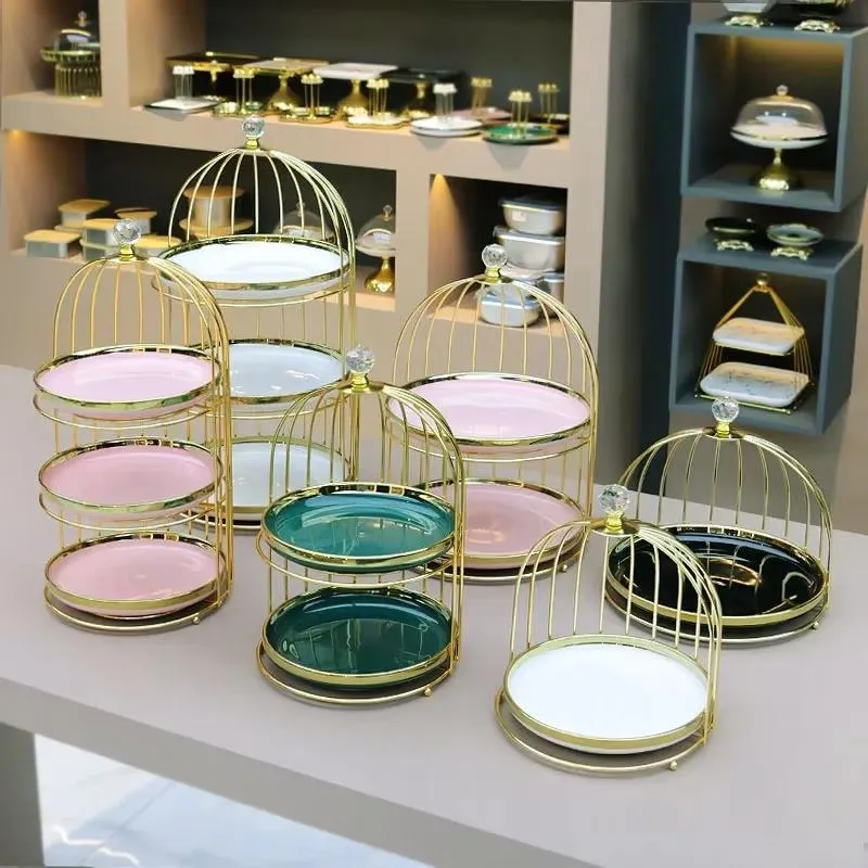 2 Tier Marble Cake Stand Metal Birdcage Dessert Rack for Baking Supplies Table Decoration Snacks Display