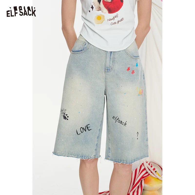 ELFSACK 2025 Summer New Arrivals High Waisted Light Colored Denim Straight Leg Five Quarter Pants For Women