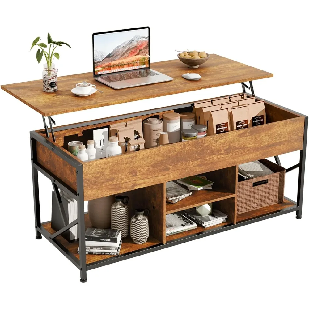 Mesa de centro, mesa de centro elevatória de 47,2 polegadas para sala de estar, mesas de sala de estar marrom rústico com armazenamento e compartimento oculto