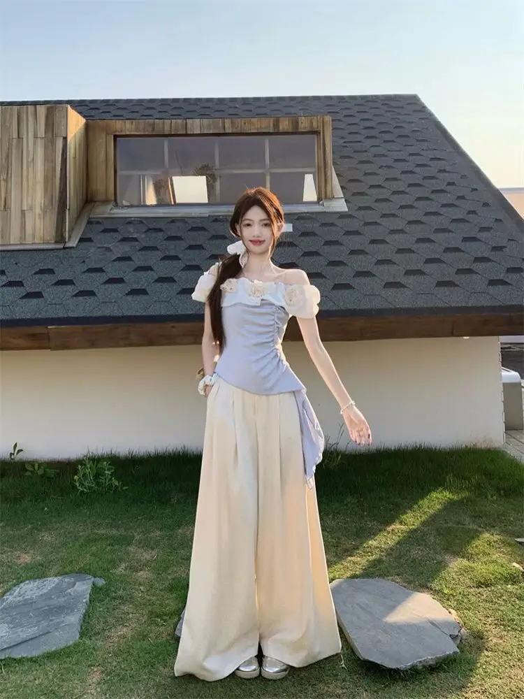 Elegant Floral Slim Fit T-Shirt And Pants Set Women's Summer Fashion Casual Wear Floor Length One Shoulder Top French Style