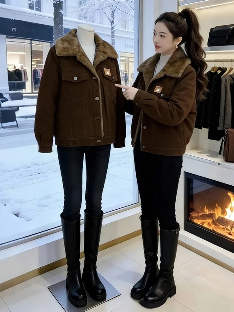 

Thiened Fce Women's Jaet Lazy Sle Warmth Outerwear Korean Loose Fit Long Sve Stand Collar Single Button Closure