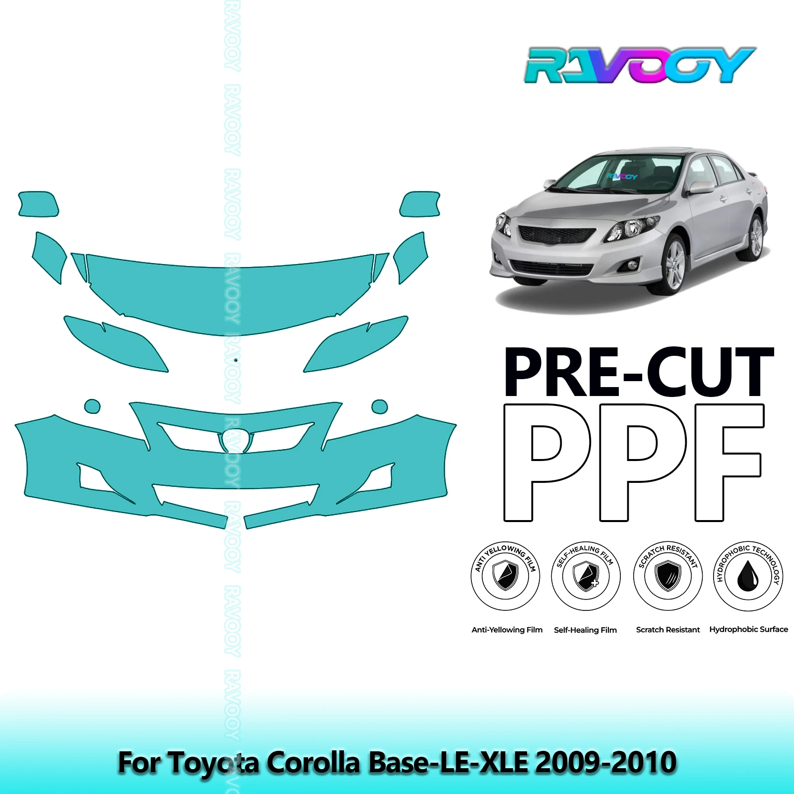 For Toyota Corolla Base-LE-XLE 2009-2010 Partial Front 8.5Mil Pre-Cut Paint Protection Film PPF Stone Chip Kit Clear/Matte/Black