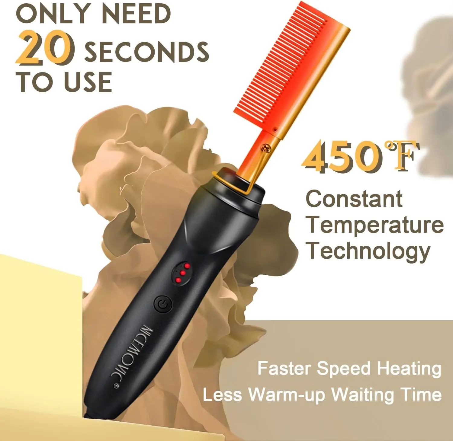 Ceramic Heating Hair Straightener Comb - Hot Pressing Brush for Natural Black Hair, Beard, Wigs, Curling, Gold - view 2