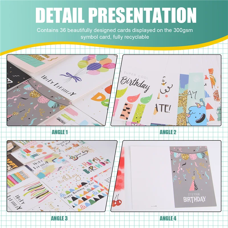 A11E-36 حزمة بطاقات المعايدة صديقة للبيئة فريدة من نوعها بطاقات عيد ميلاد كبيرة مجموعة بطاقات عيد ميلاد سعيد للكبار والأطفال الكتابة