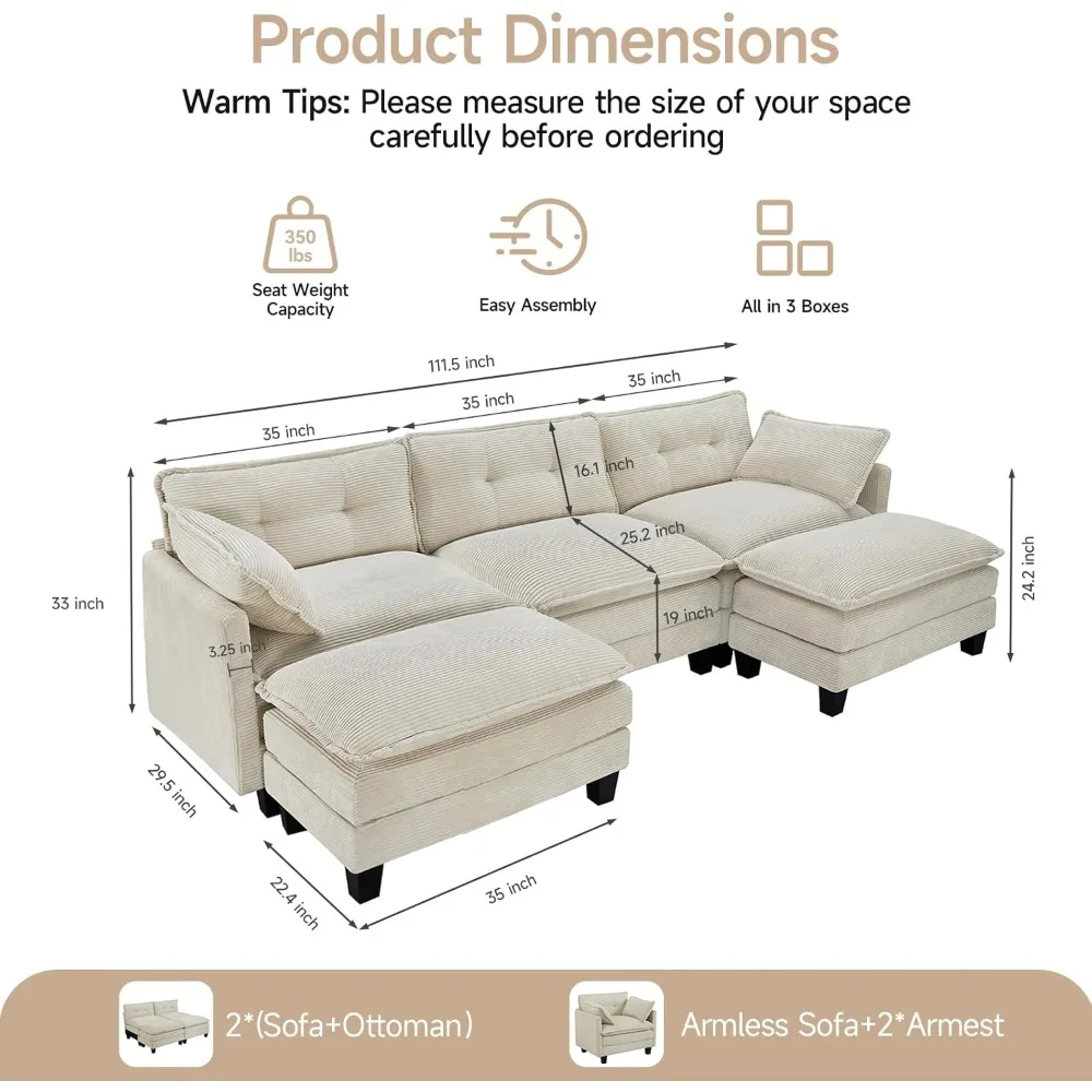 Modular Sectional Sofa, 111.5" U-Shaped Corduroy Comfy Sectional Couches for Living Room, 3-Seater Cloud Couches with 2 Movable