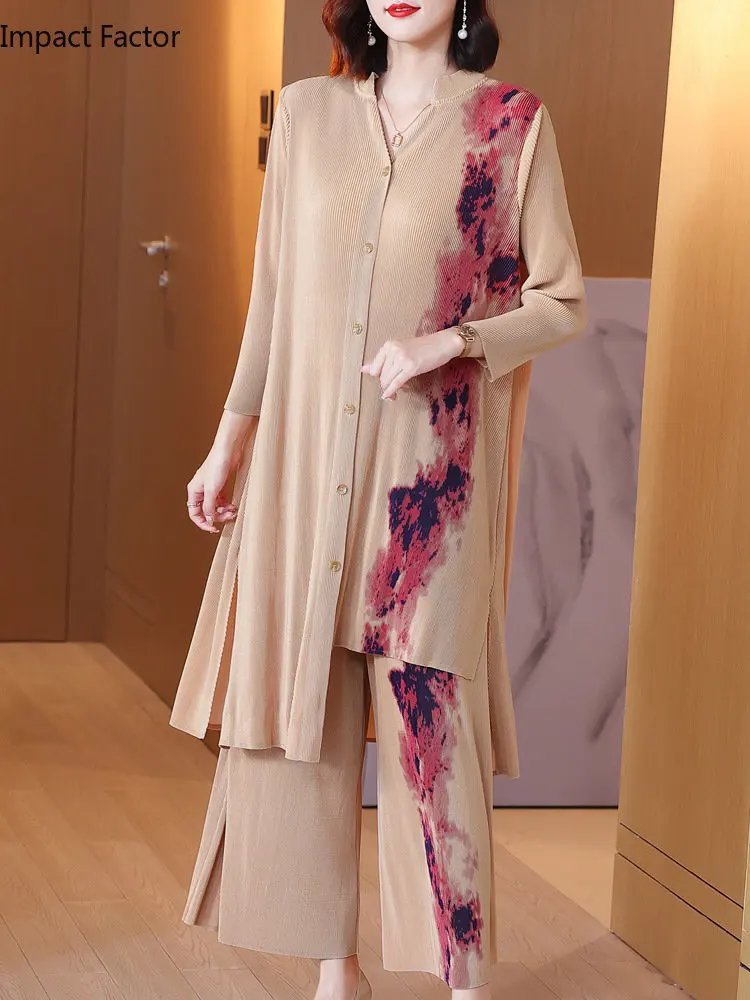 

2024 Spring New Miyake Pleated Suit Women Tie-Dyed Single-Breasted Long Shirt High Waist Wide Leg Pants Two-Piece Suit