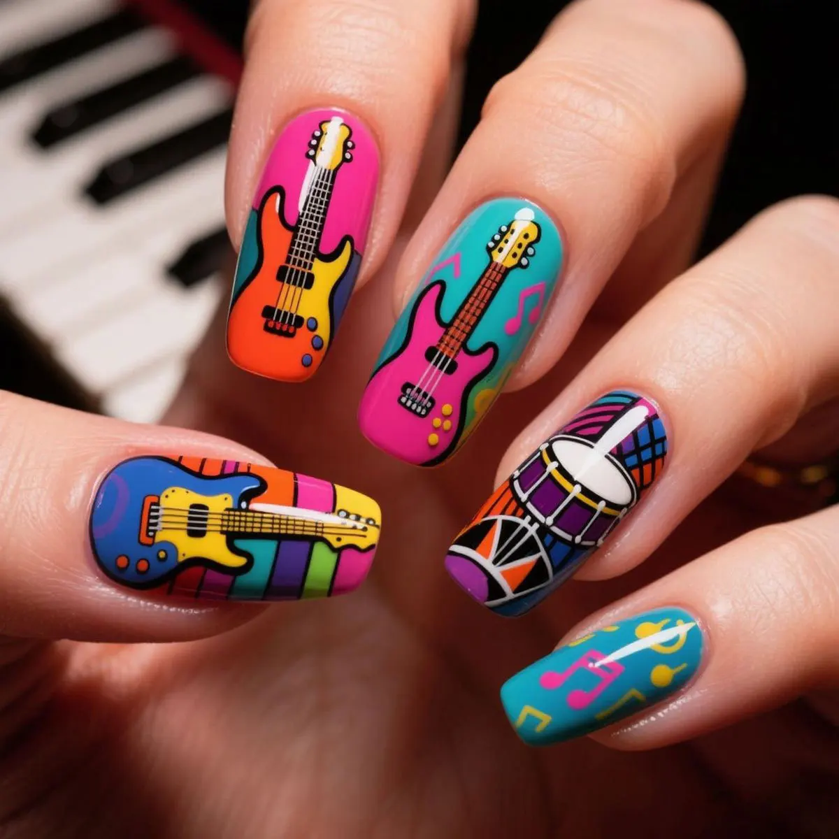 Colorful Music Guitar Press on Nails Musical Note Star Pattern Long Coffin False Nails Wearable Spicy Girls Ballet Press on Nail