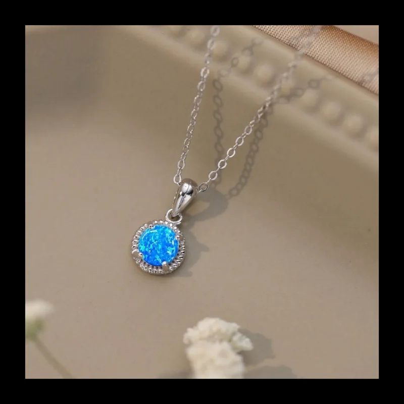 قلادة بتصميم بسيط وشعبي S925 من الفضة المستديرة الكلاسيكية الإبداعية على شكل أوبال أزرق قلادة نسائية #2