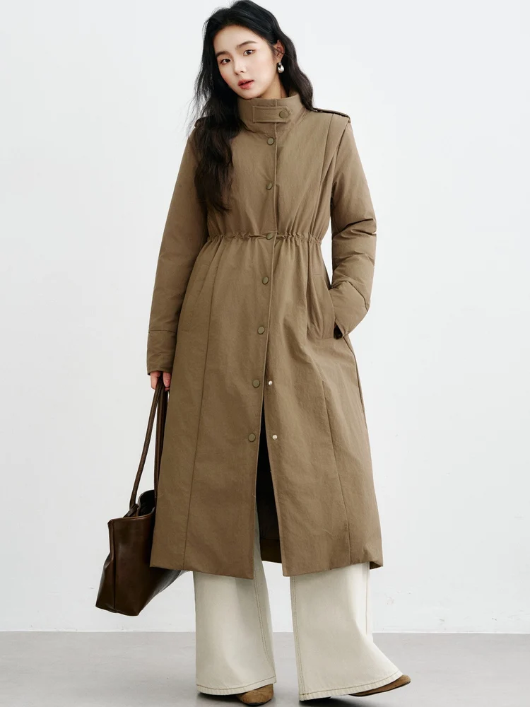 

MVC оригинальная зимняя теплая верхняя одежда, длинная куртка на пуху, женская рабочая одежда Sli, пальто с воротником-стойкой на талии и шнурком