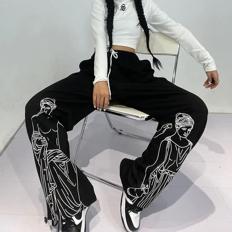 

Printed black wide leg pants for women in 2023 summer hip-hop street jazz dance casual sports straight leg leggings