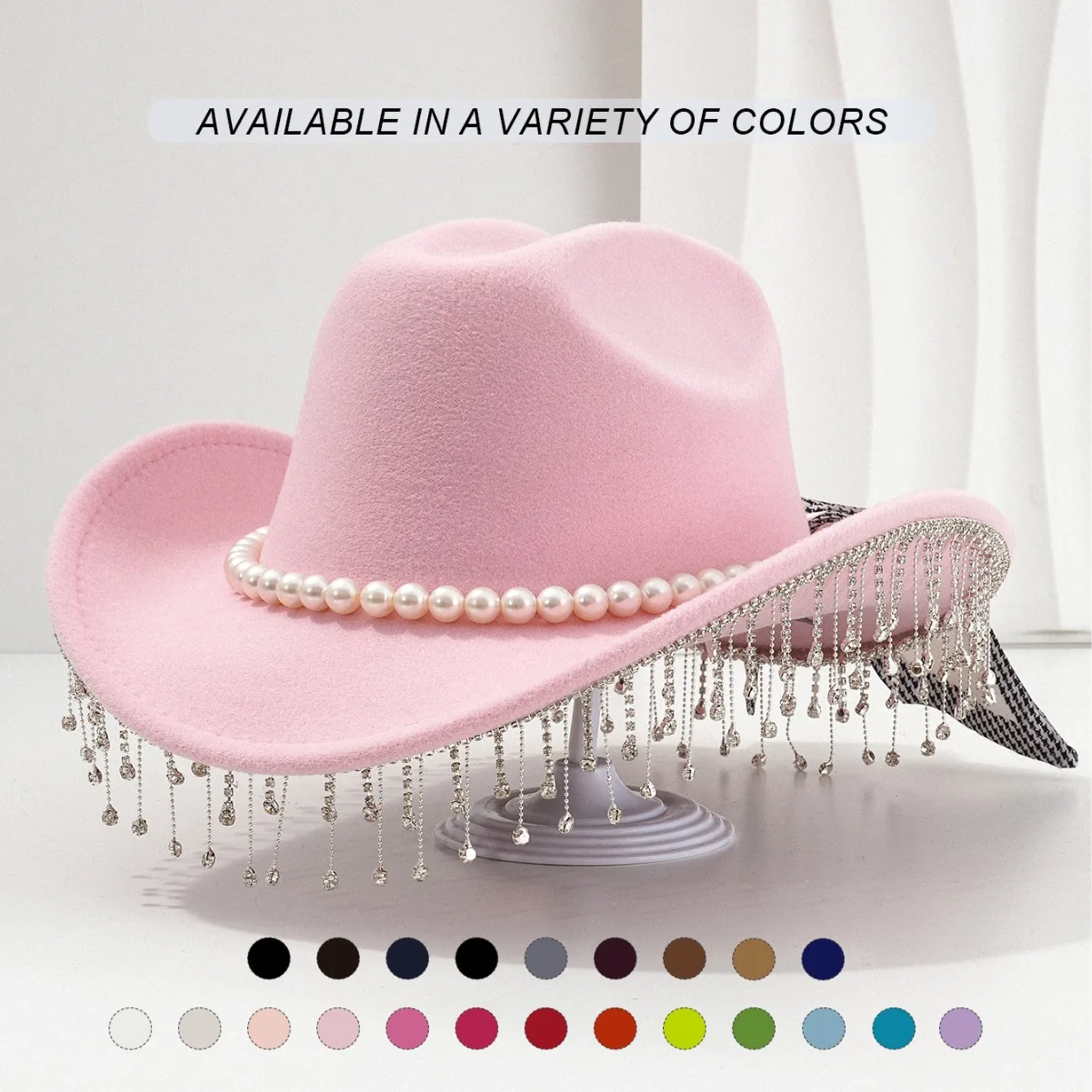 

HongLuan Black Rhinestone Cowboy Hat Accessories for Woman - Western Cowgirl Hats with Tassels & Pearls for Bachelorette Party