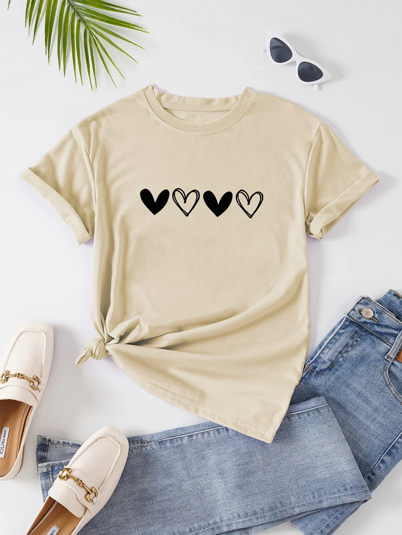 

Print Fashion Summer Short Sleeve Casual T-Shirt Spring/Summer New Women's Round Neck Four-Heart Harajuku Streetwear Tops Tees
