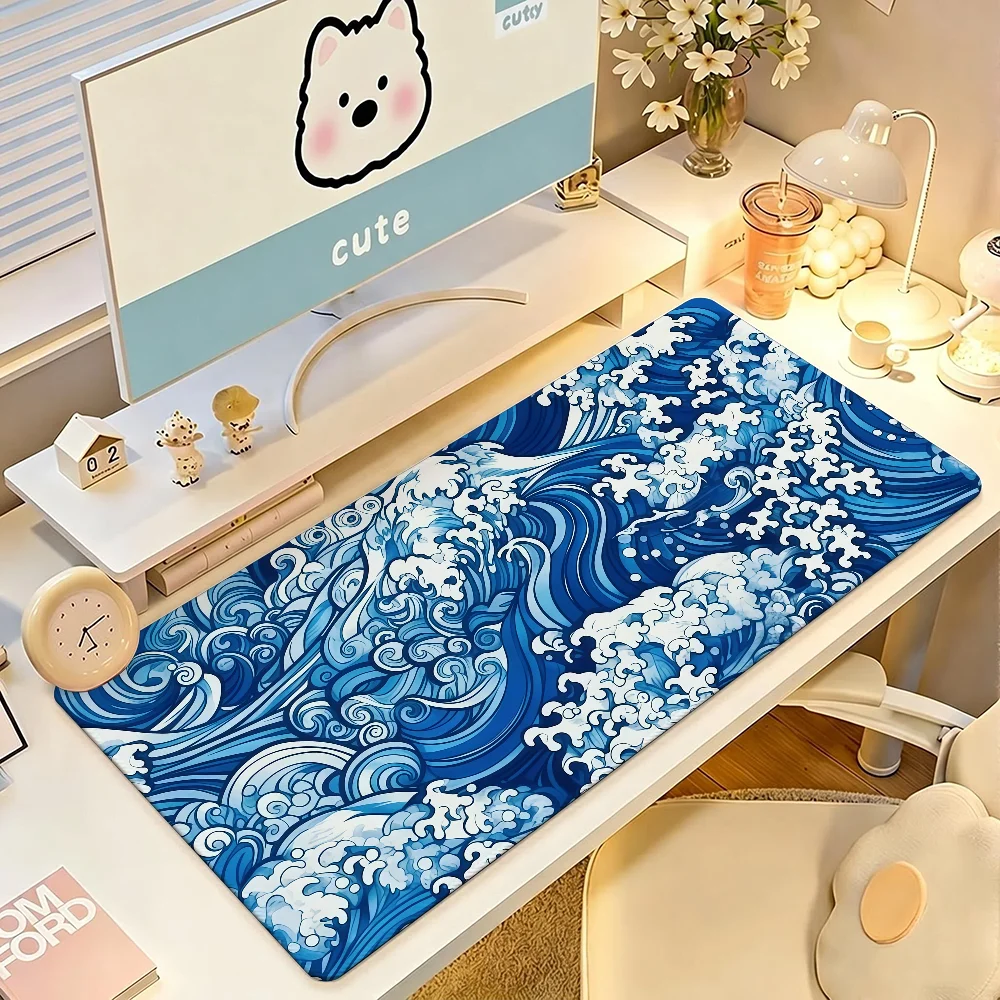 Japanese Blue Waves Large Mouse Pad Gaming Desk Mat Non‑Slip Rubber Base for Laptop PC Desktop Decor