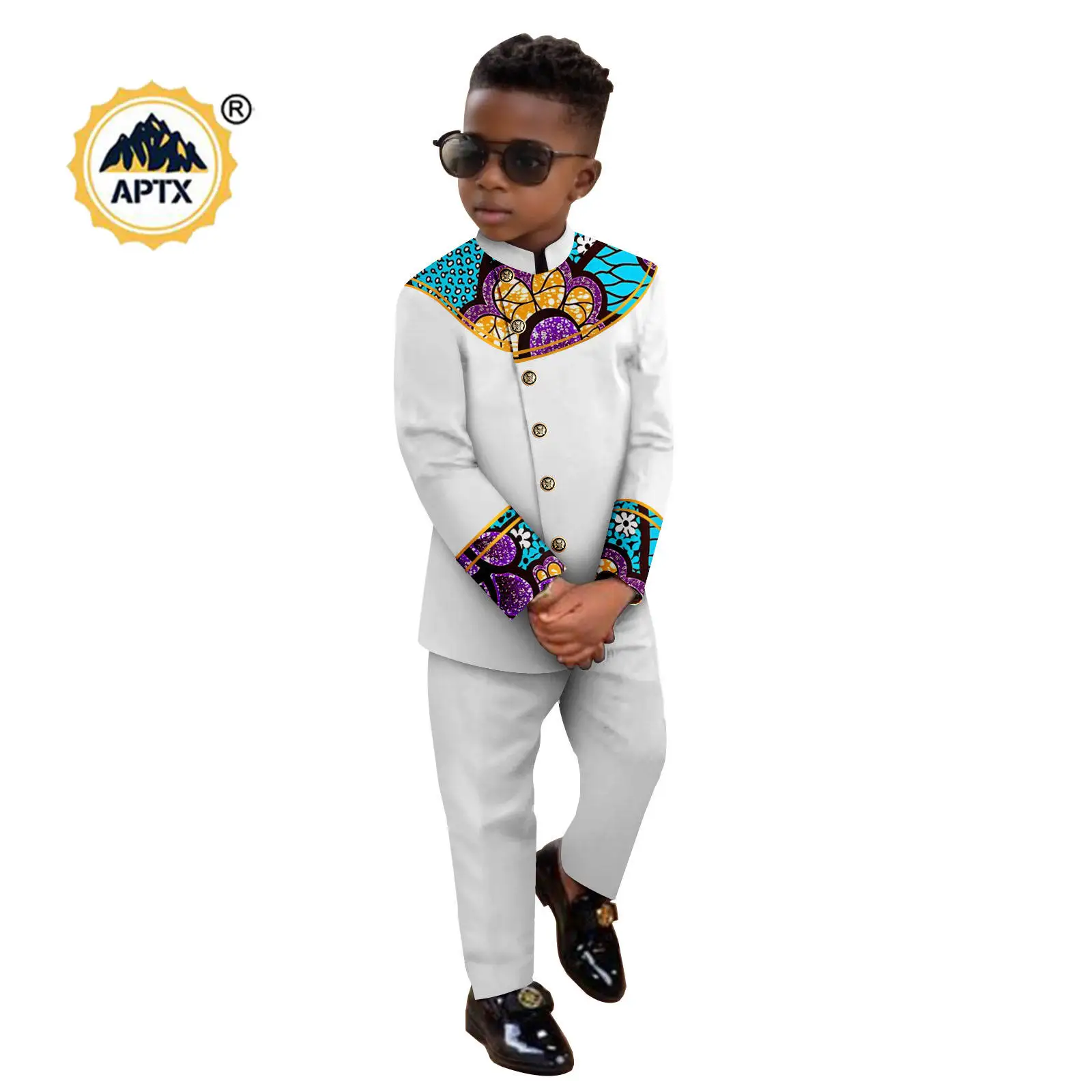 African Clothes for Children Boy Suits Dashiki Stand Jacket Button Bright Silk Top and Pant Sets Bazin Riche Kid Outfits 2446050