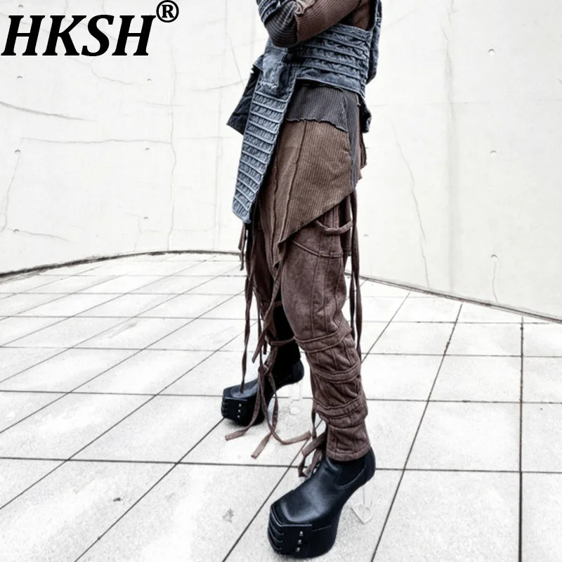 

HKSH Spring Autumn New Men Tide Niche Design Waste Land Straps Cotton Crotch Pants Chic Ins Vintage Dark Techwear Fashion HK0115
