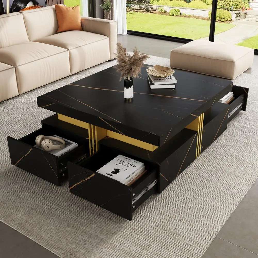 

Modern Black Square Storage Coffee Table with 4 Drawers Gold Accents MDF Contemporary Design