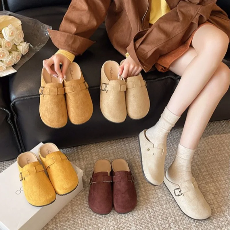 Retro Suede Adjustable Buckle Comfortable Flat Shoes for Woman Slip on Non-slip Daily Casual Women's Slippers Zapatos De Mujer