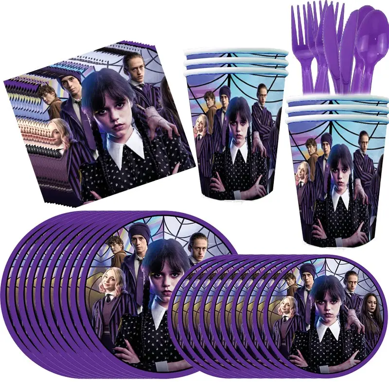 The Movie Wednesday Addams Birthday Party Decorations Wednesday Theme Tableware Party Supplies Cup Plate Balloon For Baby Shower