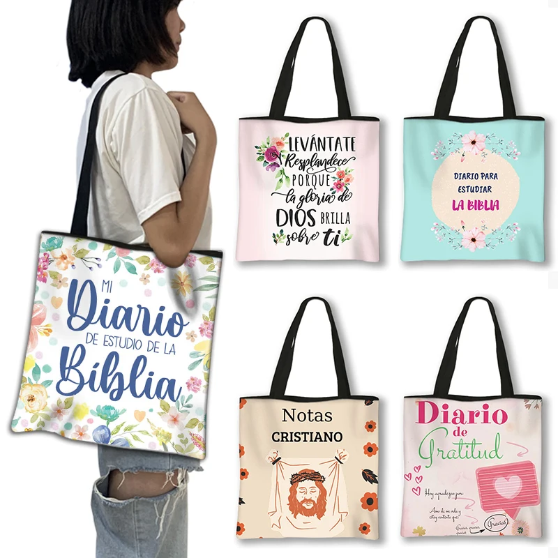 Spanish For Christian Bible Verses Print Shoulder Bag Women Jesus Shopping Bags Large Capacity Handbag Eco Reusable Totes Bags