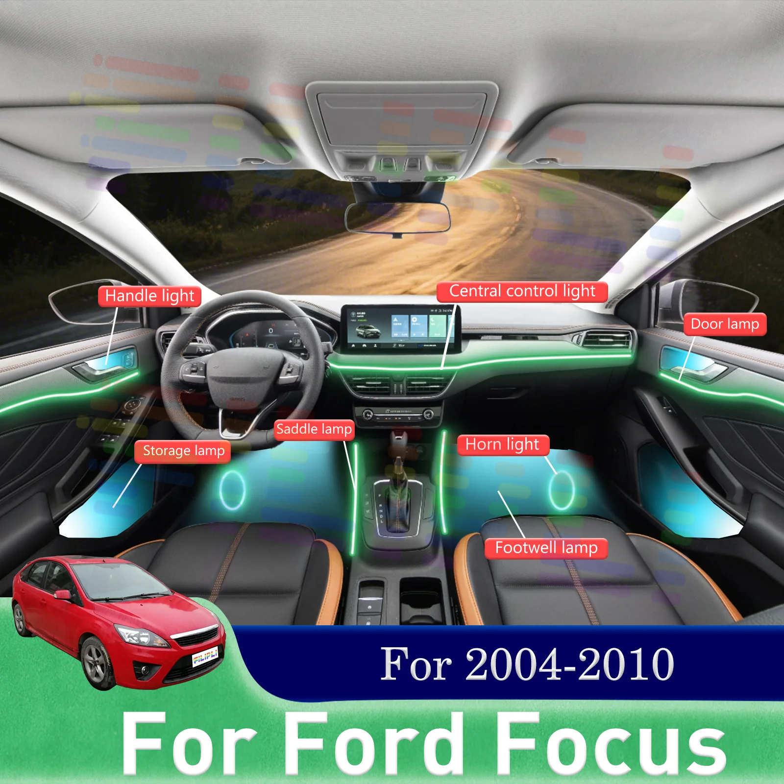 For Ford Focus RGB 64 Colors LED Car Interior Ambient Light Quick-Clip Installation Strip