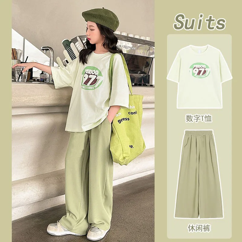 

Summer Teenage Girls Clothes Set Fashion Letter Printed T-shirts and Wide Legging Pants 2pcs Suit Children Top Bottom Outfits