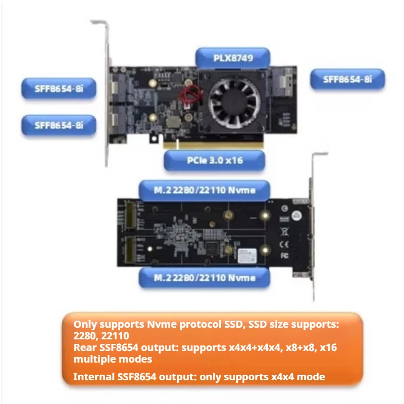 PLX8749 PCIe Expansion Card 3 SFF8654-8i 2 M2 NVMe SSD No Driver Needed