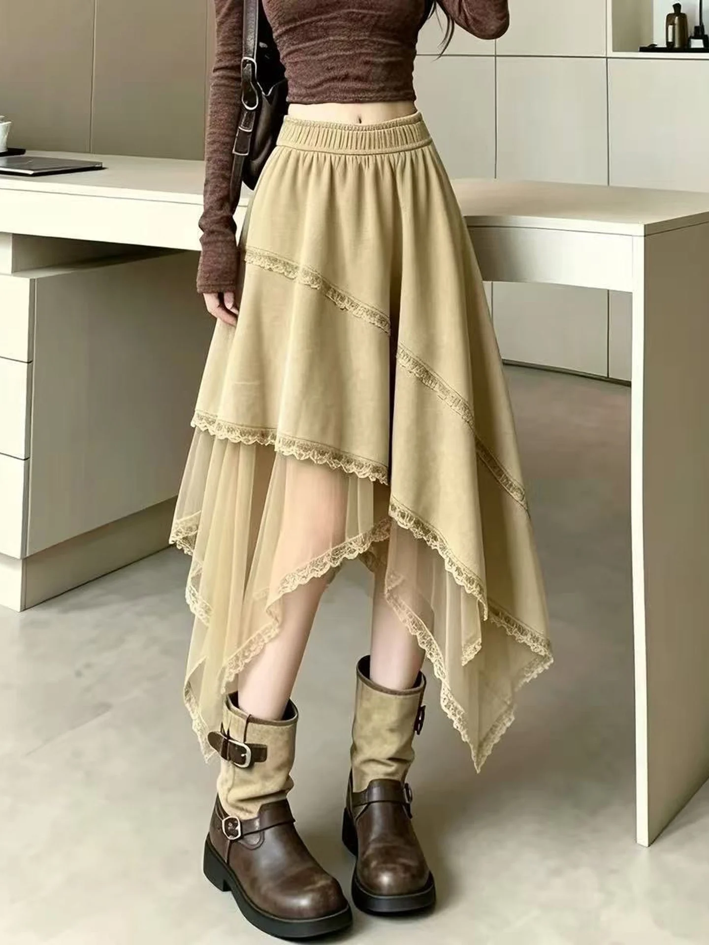 Retro American Suede Mesh Splicing High Waist Asymmetrical Fashionable A-Line Skirt for Women Commute Non-fading Standard Fit