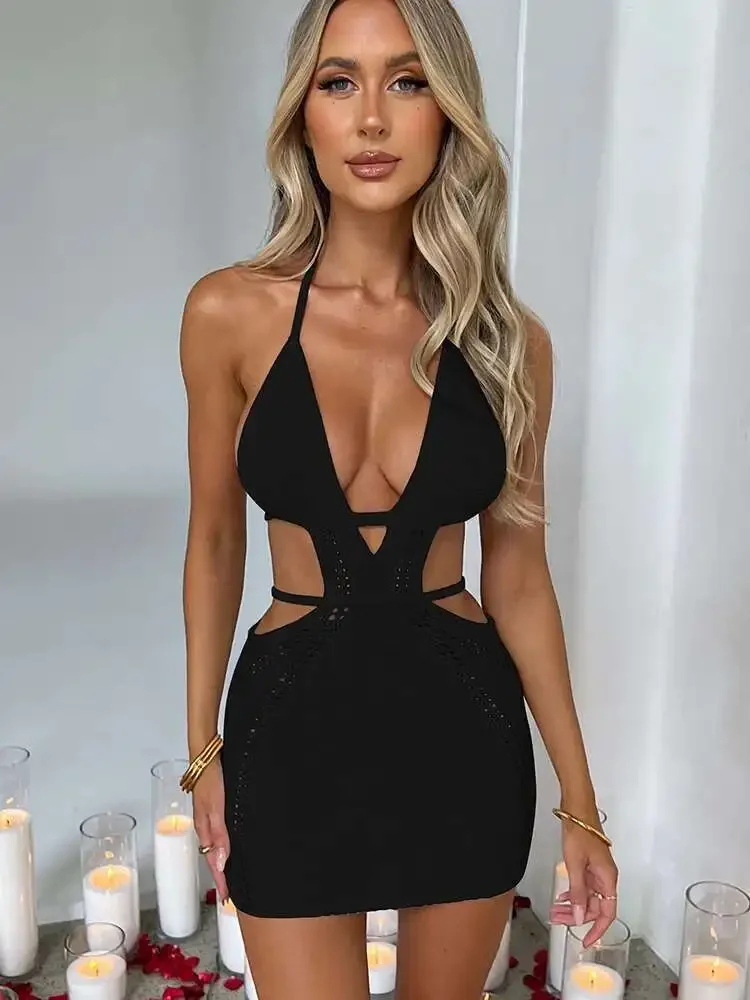 2025 Hollow Out Halter seksowne sukienki Mini kobiety lato nowy bez rękawów Backless Skinny Club Party dzianinowa sukienka bez rękawów Vestido