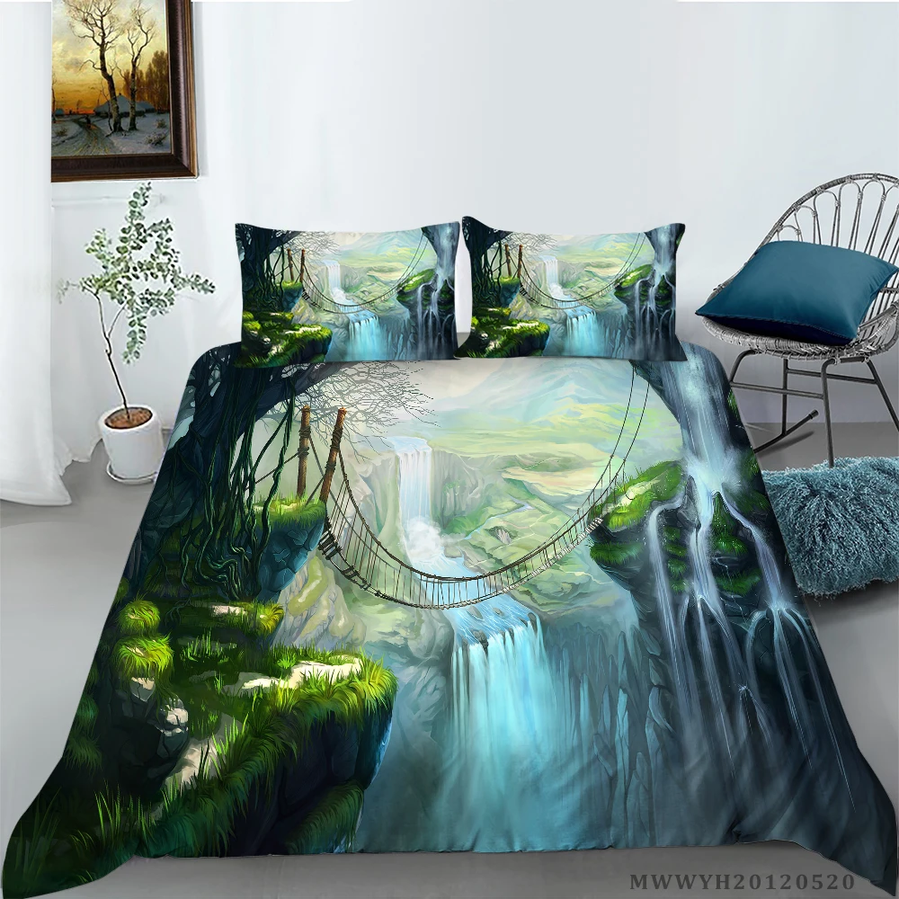 

3D Groene Waterval Olieverf Afdrukken Beddengoed Set Dekbedovertrek Met Kussenslopen Twin Koningin Koning Maten 2/3Pcs