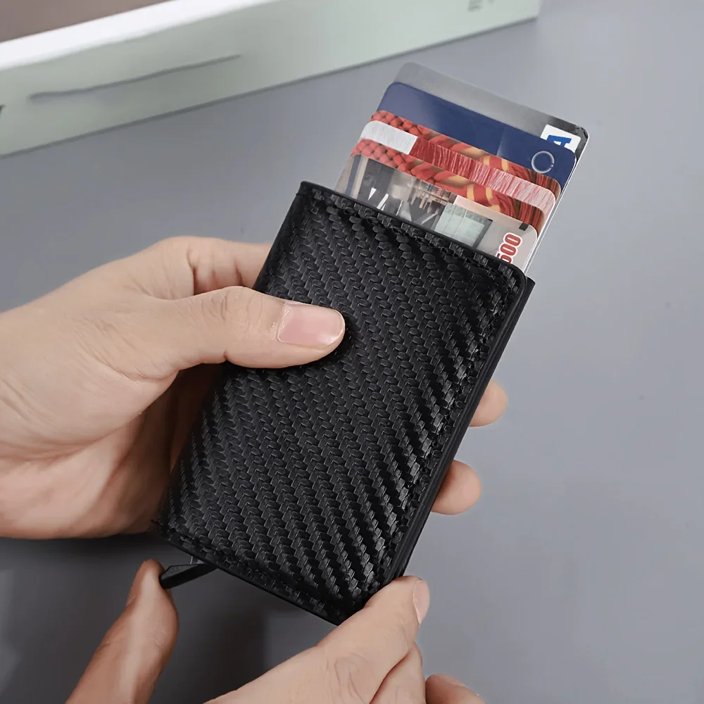 Men's PU Card Wallet, Automatic Pop-Up Metal Credit Card Holder, Ultra-Thin Minimalist Pocket Wallet, for Cards, Cash