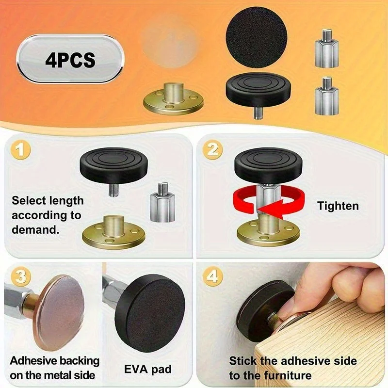 4 قطع من وسادات أرجل الأثاث المعدنية القابلة للتعديل، مثبتات حائط داعمة تلسكوبية ذاتية اللصق، سدادة إطار سرير مضادة للتجرف #6