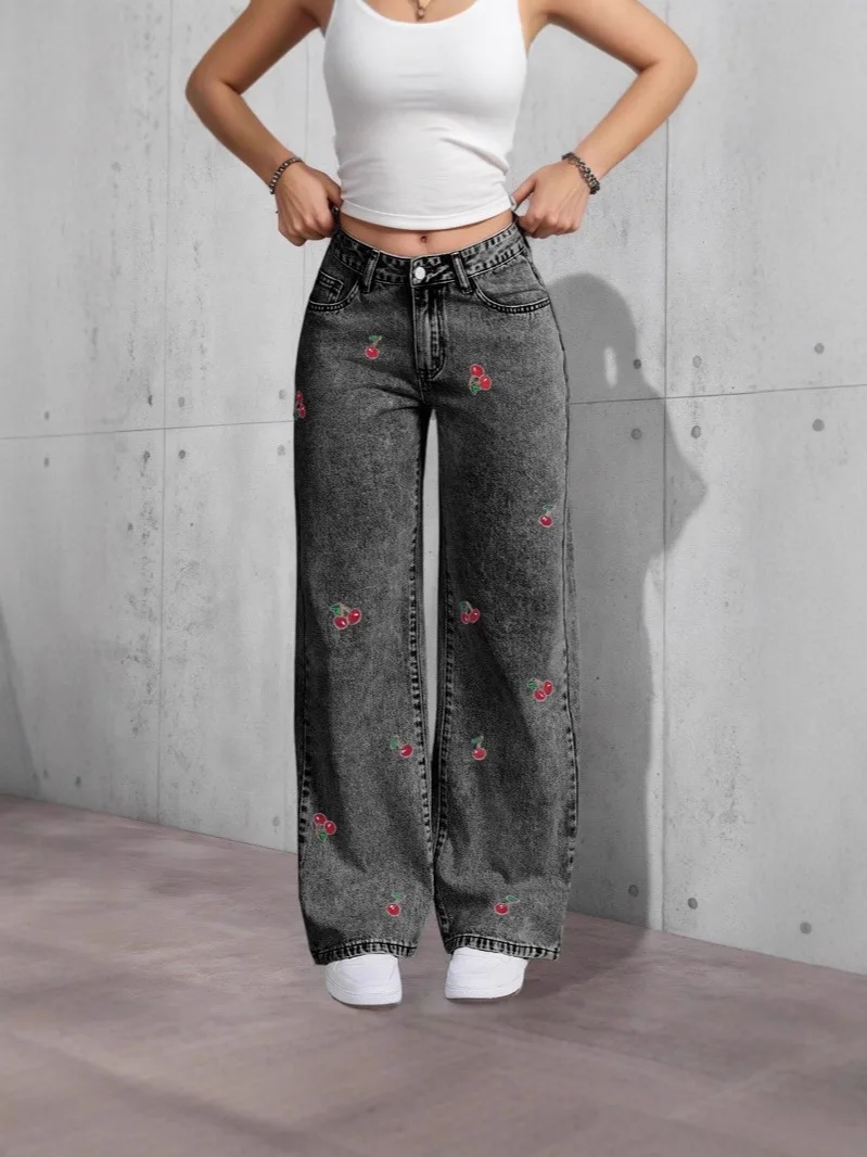 Denim Wide Leg Pants Women Jeans Embroidery High Waist Distressed Washed Mom Pockets Vintage Floor Length Trousers Streetwear