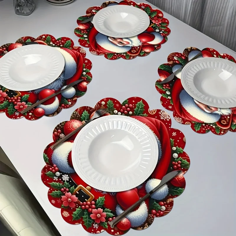 Round Christmas Placemats Vintage Xmas Floral Linen Mats Non-Slip Heat Resistant for Holiday Party Table Setting Decor
