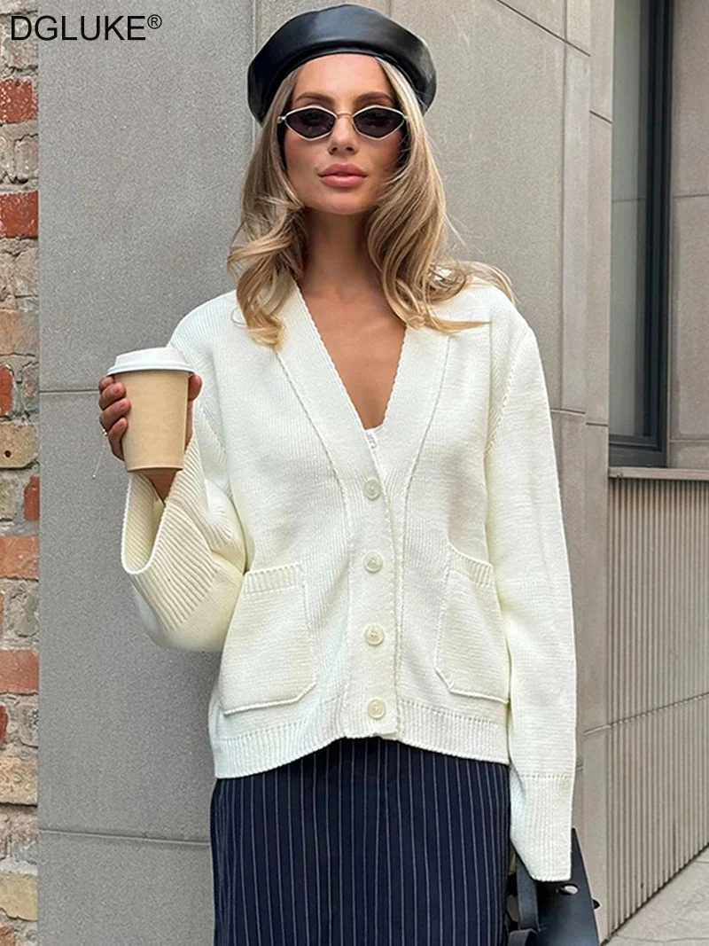 

DGLUKE белый вязаный кардиган женский с v-образным вырезом на пуговицах негабаритный кардиган осень-зима свободные свитера с длинными рукавами