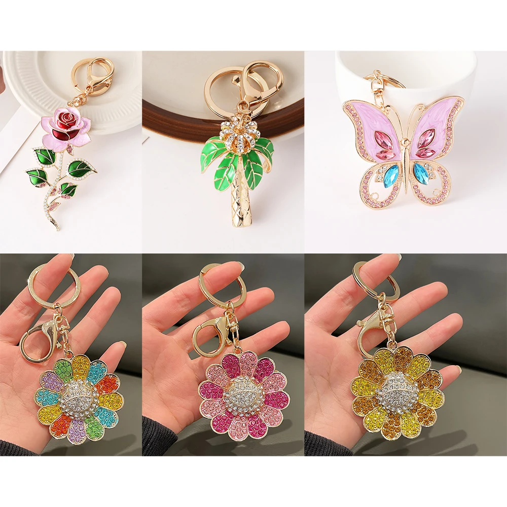 6pcs/lot Cute Enamel Flower Butterfly Keychain Vintage Rhinestone Bag Charms Pendant Women Handbag Decor Key Ring Gift