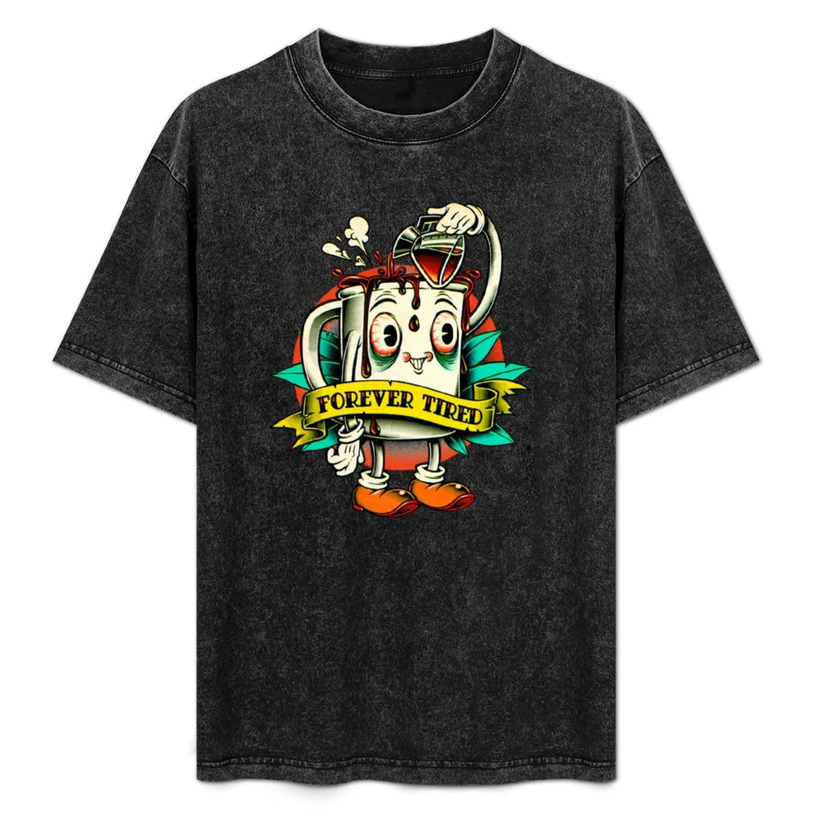

Forever Tired Coffee Mug Cartoon Character T-Shirt Plus Size Everyday Tee Shirt